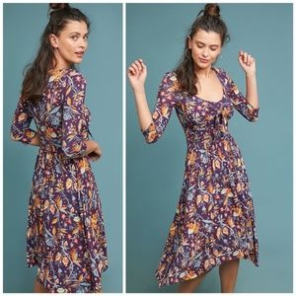 Anthropologie Maeve Dress Tie Front Purple Motif